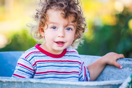 Portrait of 1 year old baby boy playing with a wheel barrow.