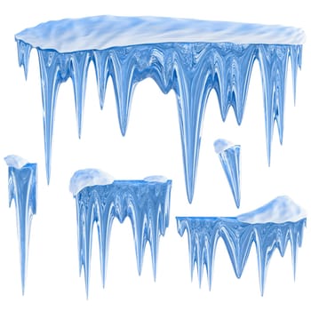 set of hanging thawing and melting blue dripping icicles, as a shiny crystal glass, with crisp spikes in icy winter season time from freezer make around arctic frost with icing on the scene