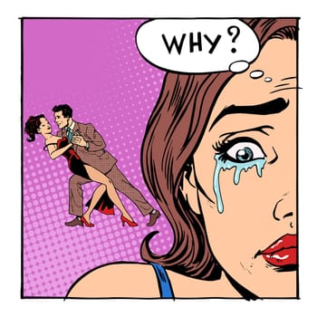 A woman cries her husband dancing with a girl. Cheating romance love retro style