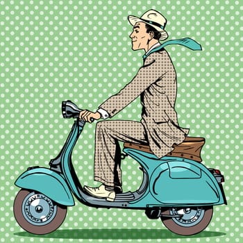 A man rides on a vintage scooter. Travel car road cars
