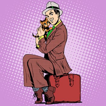 A man sitting on a suitcase holding a kitten. Retro style