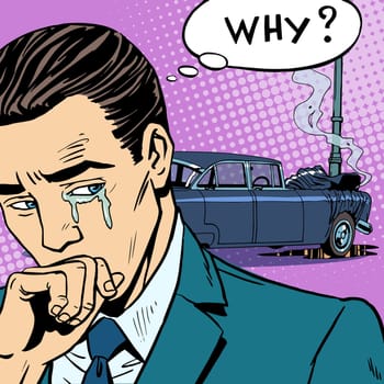 Man cries car accident. Car insurance road transport