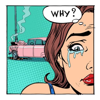 A woman cries crash broke the car. Car insurance emotions