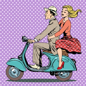 A man and a woman are riding a scooter retro style transport