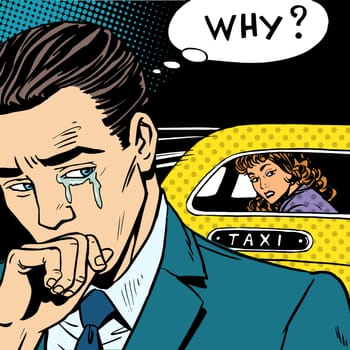 A man weeps his woman is leaving by taxi. Divorce separation love emotion crying