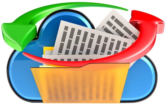 concept of cloud computing and circulation digital documents as is blue glossy cloud icon with folder and documents on white background