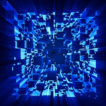 rays of light shines through the moving cubes as abstract futuristic dark background