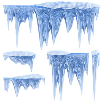 set of hanging thawing and melting blue dripping icicles, as a shiny crystal glass, with crisp spikes in icy winter season time from freezer make around arctic frost with icing on the scene