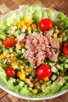 Green salad leafs with cucumber, yellow pepper, celery stalks, cherry tomatoes and tuna fish