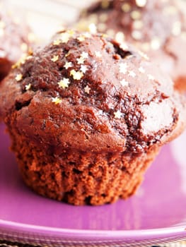 Homemade chocolate muffins, close up