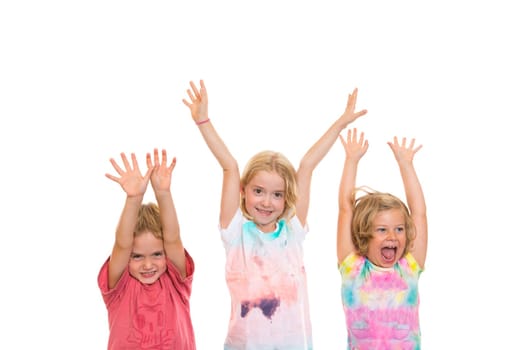 funny children jubilating in front of white background