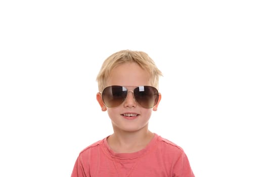 cool boy with sunglasses in front of white background