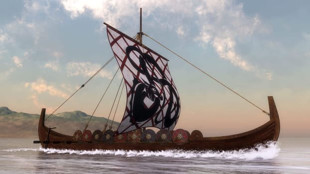 Drakkar on the water next to the coast by day - 3D render
