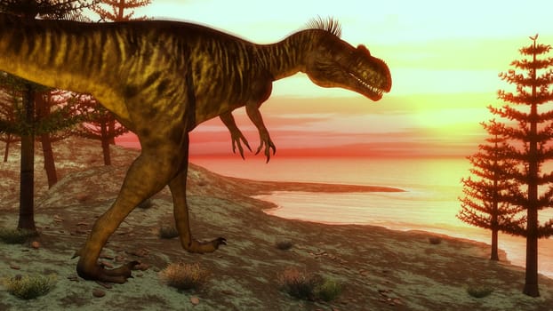 Megalosaurus dinosaur walking toward the ocean by sunset - 3D render