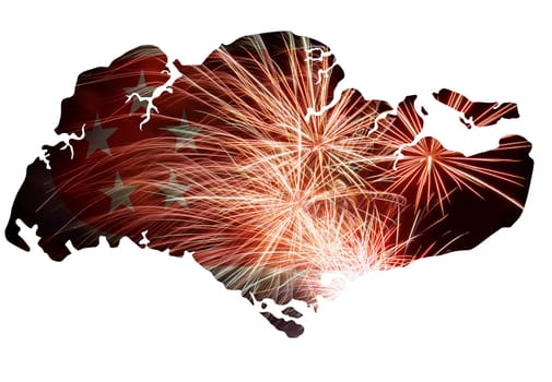 Republic of Singapore Flag with Fireworks Map Outline Silhouette for National Day Illustration