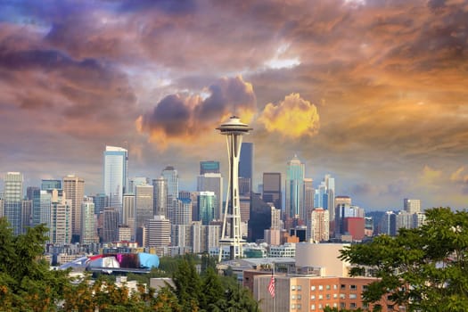 Seattle Washington Cityscape Skyline with Stormy Sky