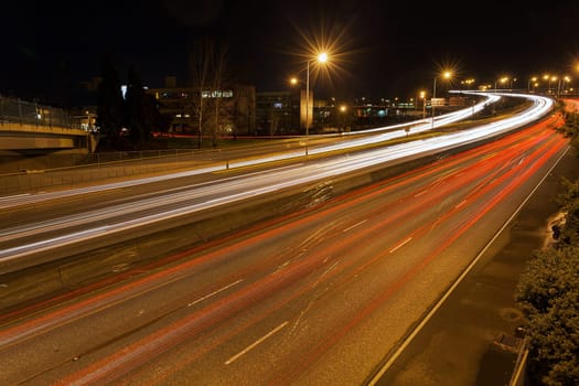 Freeway Traffic Light Trails in Portland Oregon at Night
