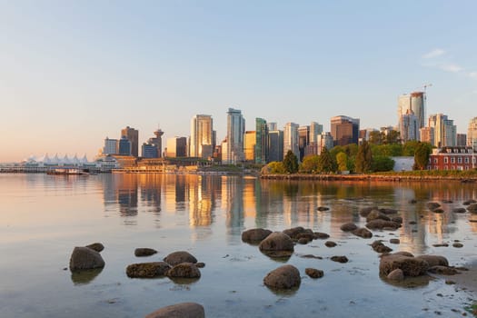 Vancouver British Columbia Canada City Skyline by the Harbor View from Stanley Park along False Creek at Sunrise