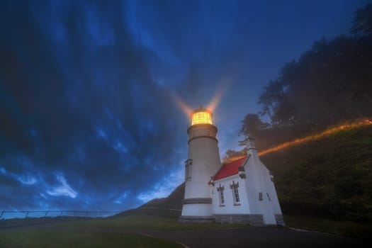 Heceta Head Lighthouse Devils Elbow State Park at Oregon Coast during Evening Blue Hour