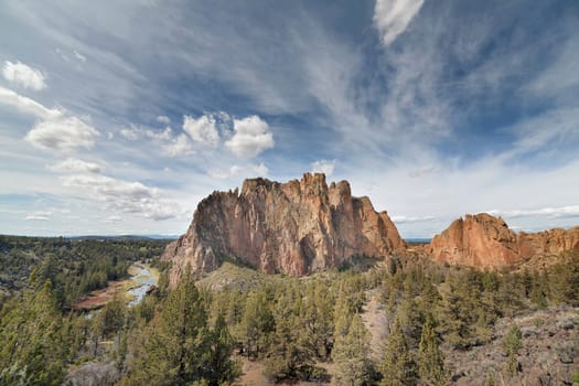 Smith Rock State Park in Terrebonne Oregon with White Clouds and Blue Sky