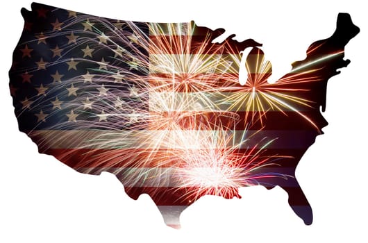 United States of America USA Flag in Map Silhouette Outline with Fireworks Background For 4th of July Illustration