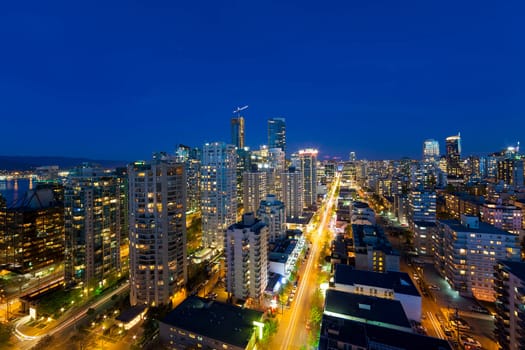 Vancouver British Columbia Canada Cityscape along Robson Street During Evening Blue Hour
