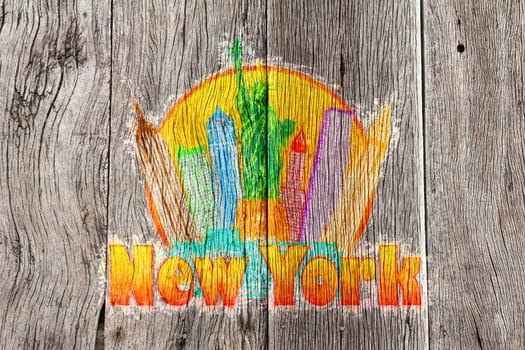 New York City Colorful Skyline with Statue of Liberty in Circle Outline with Text Impressionist on Wood Background Illustration
