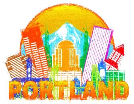 Portland Oregon Outline Silhouette with City Skyline Downtown Circle Color Text Isolated on White Background Impressionist Illustration