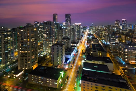Vancouver British Columbia Canada Cityscape along Robson Street at  Night Aerial