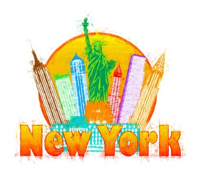 New York City Colorful Skyline with Statue of Liberty in Circle Outline with Text Impressionist Illustration