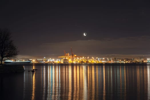 Moonrise OVer Port of Vancouver British Columbia Canada at Night