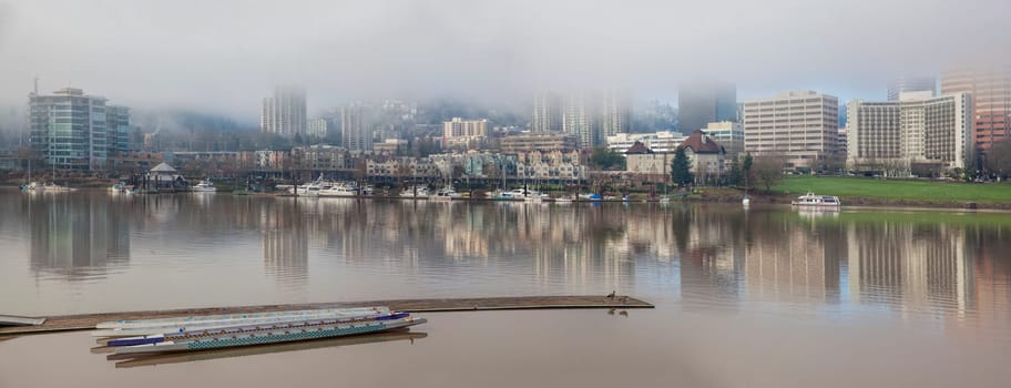 Marina by Willamette River at Portland Oregon Downtown Waterfront on a Foggy Morning
