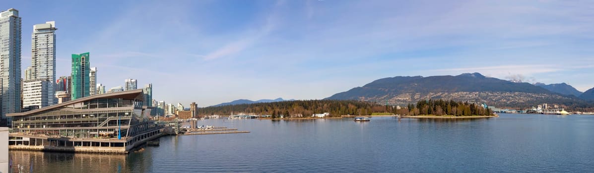 Vancouver British Columbia Canada Waterfront Stanley Park and Mountain Water View Daytime Panorama