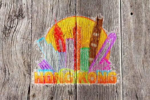Hong Kong City Skyline in Circle Color Outline Isolated on Wood Grain Background Impressionist Illustration