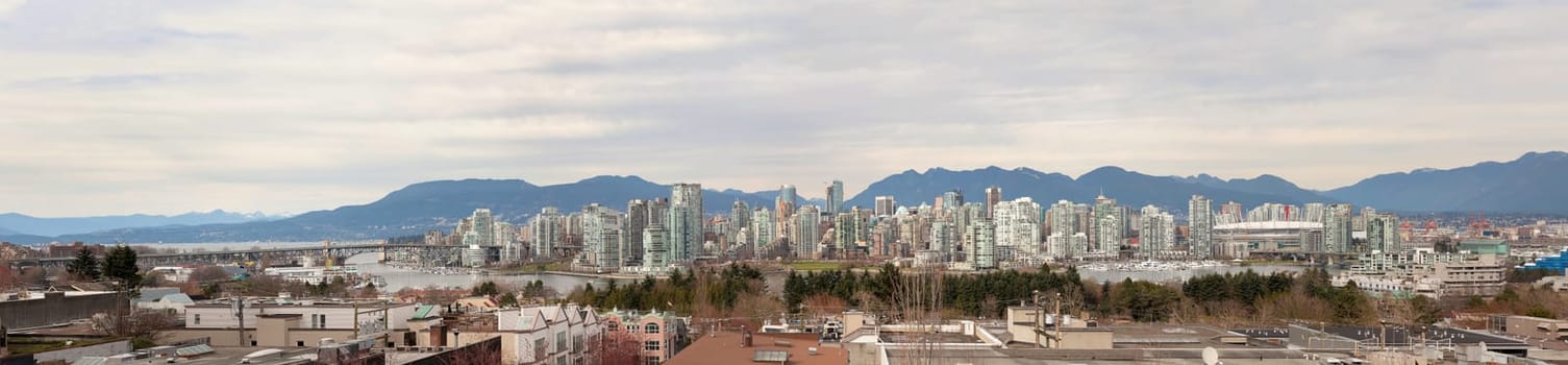 Vancouver British Columbia Canada Along False Creek with Grouse Mountain and Granville Island Daytime View Panorama