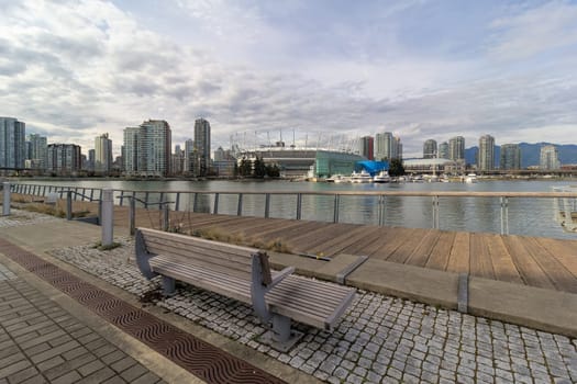 Vancouver British Columbia Canada City Skyline View from Boardwalk along False Creek