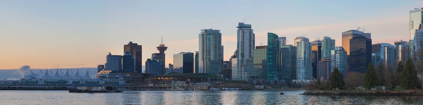 Vancouver British Columbia Canada City Skyline View from Stanley Park along False Creek at Sunrise Panorama
