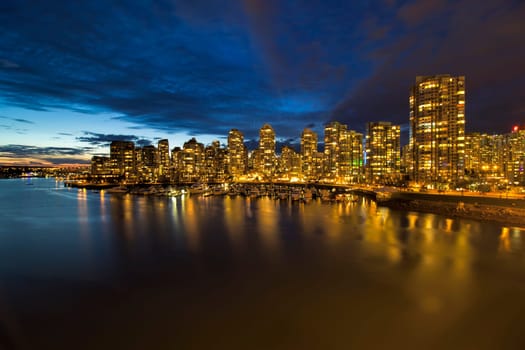 Vancouver British Columbia Canada City Skyline by Marina at Blue Hour Twilight