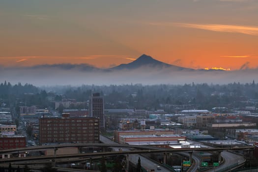 Portland Oregon downtown cityscape eastside industrial area with Mount Hood during sunrise