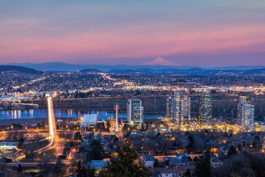 Portland Oregon South Waterfront with Ross Ialand Bridge Mount Hood Along Willamette River during Alpenglow Sunset