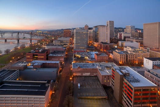 Portland Oregon downtown cityscape aerial view during early morning