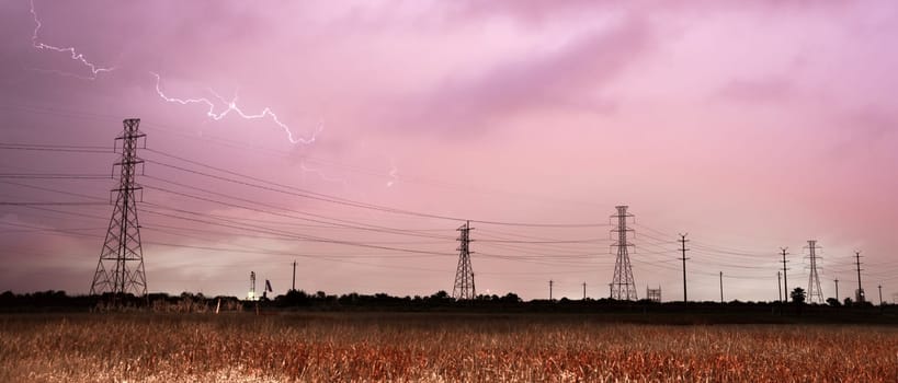 Lightning Strkes over a power lines in southeast Texas