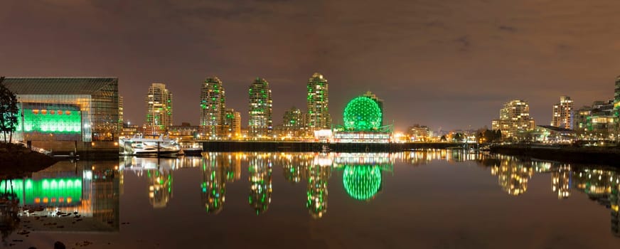Vancouver British Columbia Canada City Skyline Along False Creek Night Scene Panorama