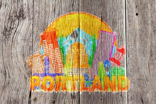 Portland Oregon Outline Silhouette with City Skyline Downtown Circle Color Text on Wood Background Impressionist Illustration