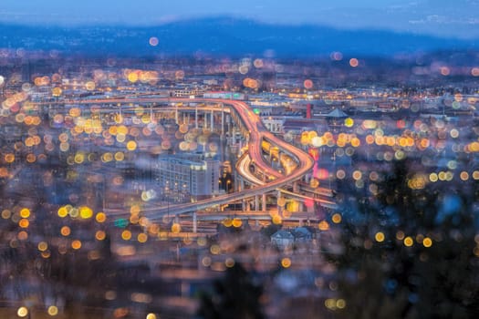 Portland Oregon Marquam Freeway Light Trails with Blurred Out of Focus Bokeh City Lights during Evening Blue Hour