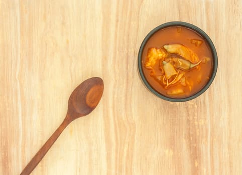 Spicy sour soup vegetable on wooden background, Food summer season