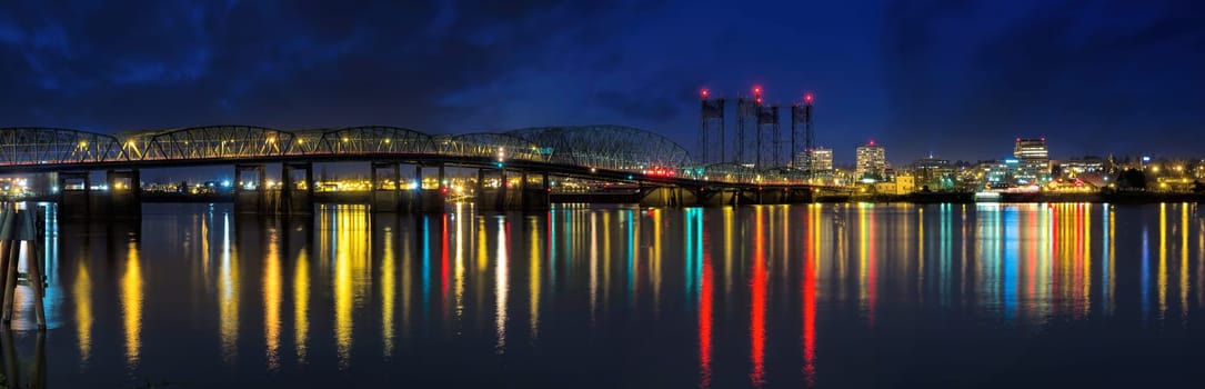 Columbia River Crossing Interstate 5 Bridge from Portland Oregon to Vancouver Washington Skyline View at Night Panorama