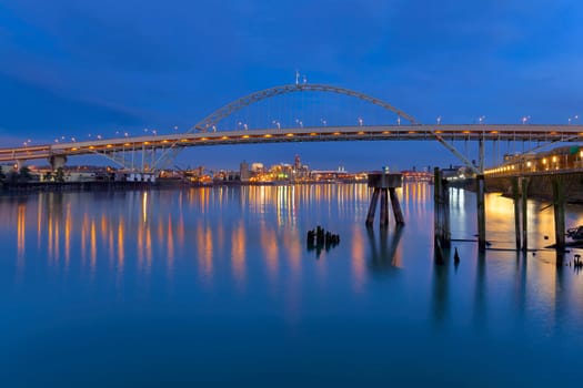 Fremont Bridge Over Willamette River in Portland Oregon Industrial Area at Blue Hour