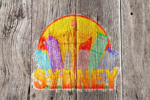 Sydney Australia Skyline Landmarks Harbour Bridge Color in Circle Isolated on Woodgrain Background Impressionist Illustration