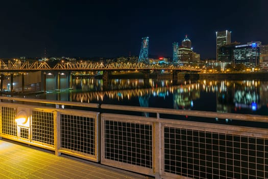 Portland Oregon Downtown Skyline and Hawthorne Bridge View from Eastbank Esplanade at Night
